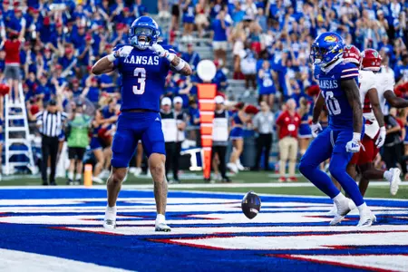 Lawrence, KS - August 23, 2025 - wide receiver Keaton Kubecka #3 of the Kansas Jayhawks during the game between Kansas and Fresno State at David Booth Memorial Stadium in Lawrence, KS. Photo by/Kansas Athletics