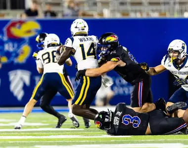 defensive lineman Alex Bray #91 of the Kansas Jayhawks