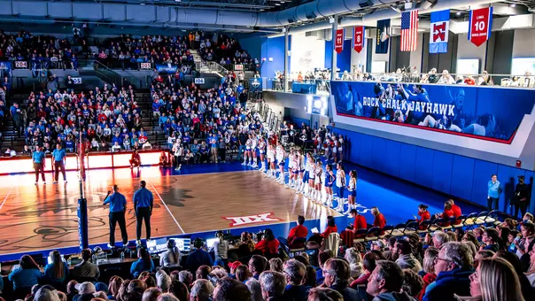 LAWRENCE, KS - December 5, 2025 - The Kansas Jayhawks volleyball team during the game against Miami in Lawrence, KS. Photo by Jordyn Pennington/Kansas Athletics