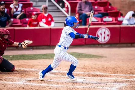FAYETTEVILLE, AR - March 1, 2026 - outfielder Tehya Pitts #1 of the Kansas Jayhawks during a game against Arkansas in Fayetteville, AR. Photo by Allie Brakel/Kansas Athletics