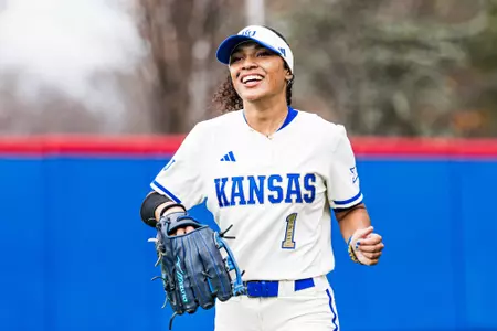 LAWRENCE, KS - March 06, 2026 - outfielder Tehya Pitts #1 of the Kansas Jayhawks during the game between Kansas and Utah State at Arrocha Ballpark in Lawrence, KS. Photo by Brayden Crest/Kansas Athletics