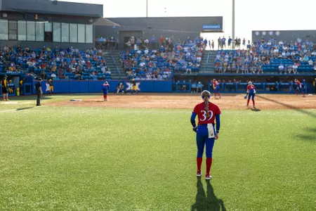 outfielder Aynslee Linduff #39 of the Kansas Jayhawks
