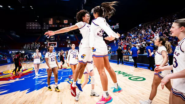 LAWRENCE, KS - March 26, 2026 - Jaliya Davis #25 and Regan Williams #24 during the Womens Basketball Invitational game between Kansas and San Diego State at Allen Fieldhouse in Lawrence, KS. Photo by Brayden Crest/Kansas Athletics