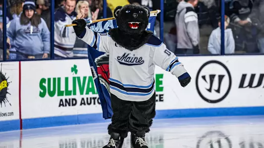 Bananas the mascot skates with a flag.