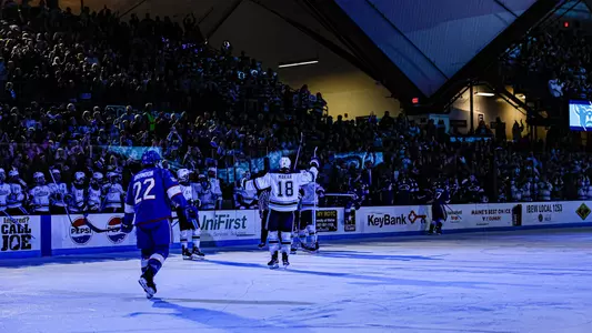 Maine men's hockey celebrates a goal.