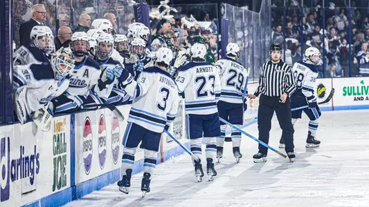 Maine men's hockey celebrates a goal.