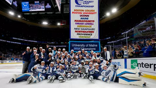 Maine men's hockey celebrates a Hockey East title.