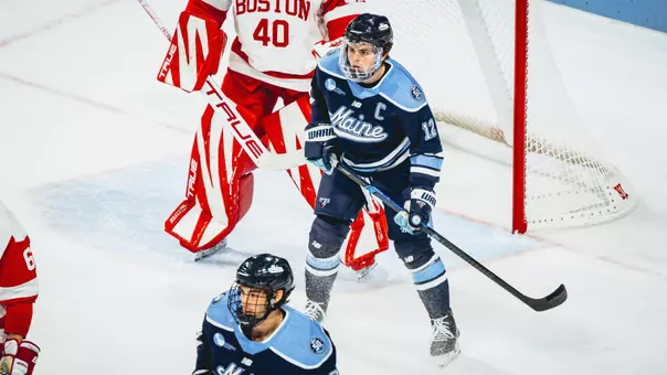 Owen Fowler stands in front of the crease at Boston University.