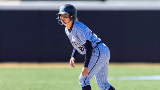 Laura Craska gets in the ready position on second base.