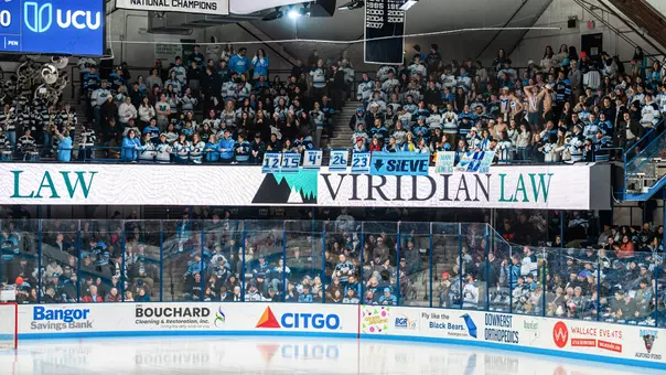 A wide shot of the Alfond Arena student section before a game.