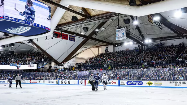 Wide shot of Alfond Arena during a game, with a full crwod.