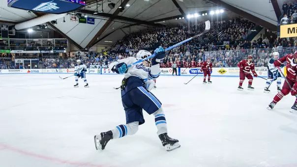 Wide shot of Alfond ARena from the corner a Max Scott takes a slap shot.