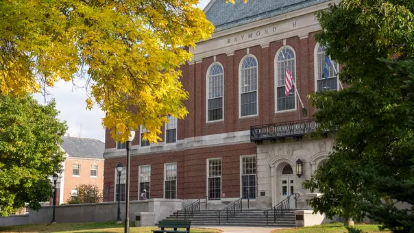 An image of Fogler Library in the fall.