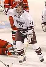 Peter Alden celebrates a goal earlier this year. Alden and the Minutemen aim to win the season series against Boston College for the first time ever on Friday night.