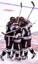 The Minutemen celebrate a goal earlier in the season. UMass faces a tough Hockey East test Friday against No. 3 Maine.