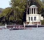 The UMass varsity eight at work during the 2003 Royal Henley Regatta. The Minutewomen's varsity eight boat captured four gold medals during the 2003 campaign.