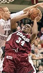 Art Bowers goes to the hoop in the first half against Saint Joseph's.