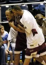 Rashaun Freeman and Lawrence Carrier celebrate UMass' win at George Washington, one of the highlights in 2004-05.