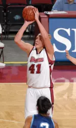 Kate Mills leads the Minutewomen in minutes, points, blocks, and steals.