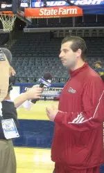 Derek Kellogg is interviewed by the local media prior to shoot-around.