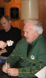Packer great Paul Hornung being interviewed by Josh Maurer at Lambeau Field.