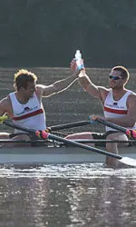 The team celebrates after pulling off the victory.