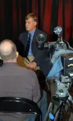 Toot Cahoon is interviewed during Hockey East's Media Day.