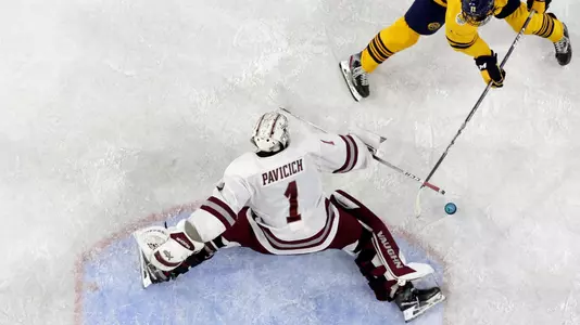Press Eye - Belfast, Northern Ireland - 26th November 2022 - Photo by William Cherry/PresseyeMassachusetts Minutemenâ??s Luke Pavicich with Quinnipac Bobcatsâ??Collin Graf during the Final of the prestigious Friendship Four tournament at The SSE Arena, Belfast with the winners lifting the coveted Belpot trophy.    Photo by William Cherry/Presseye