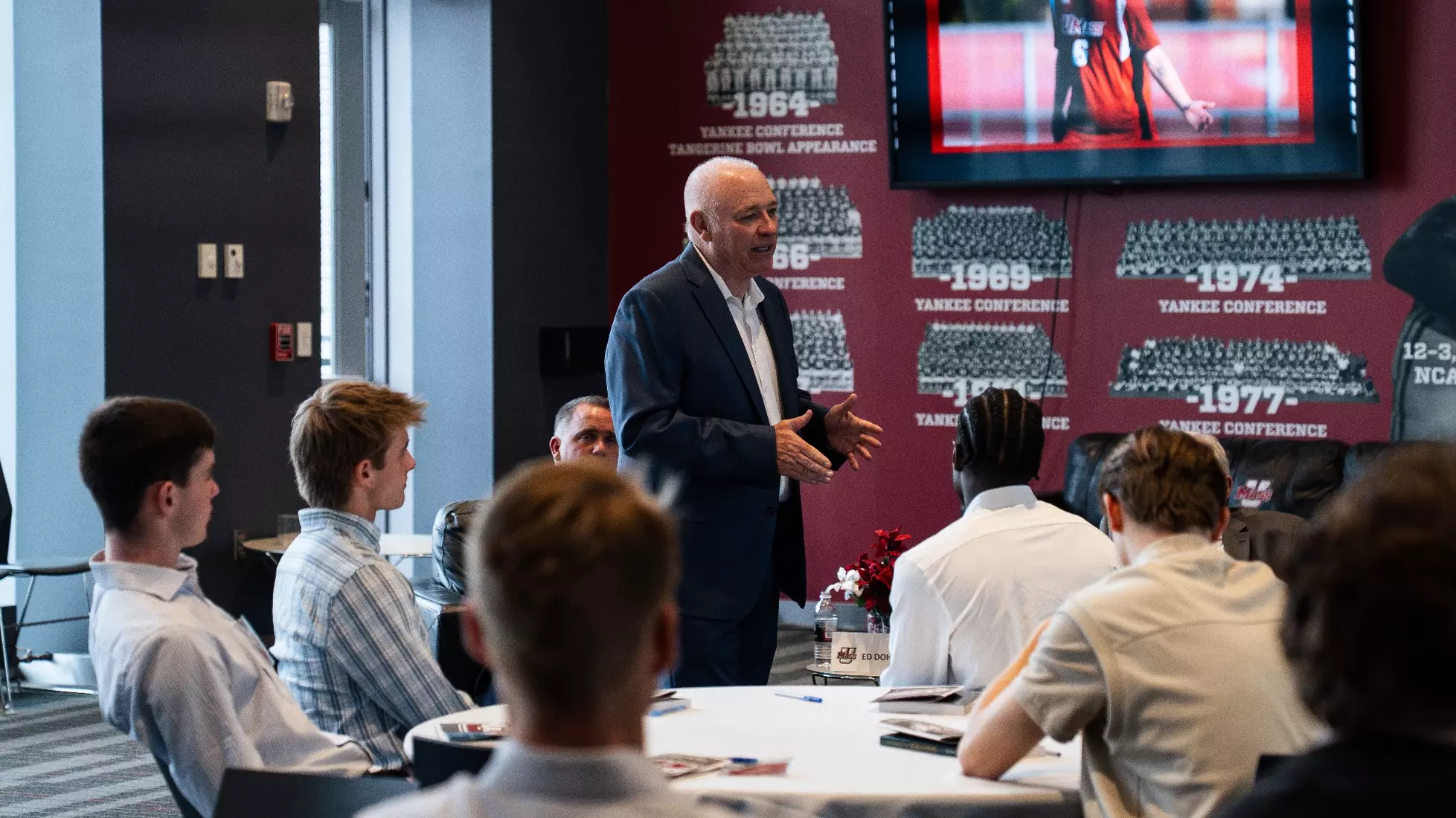 Head Coach Fran O'Leary speaks at Alumni Mentoring Night