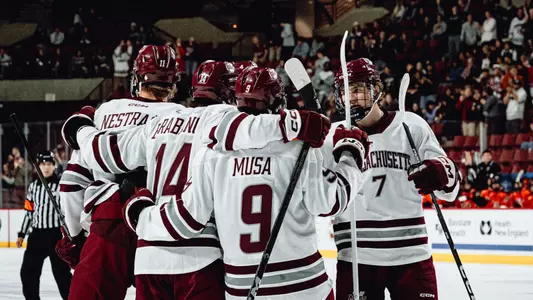 Players hug and celebrate scoring against the Tigers