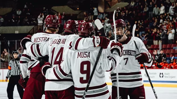 Players hug and celebrate scoring against the Tigers