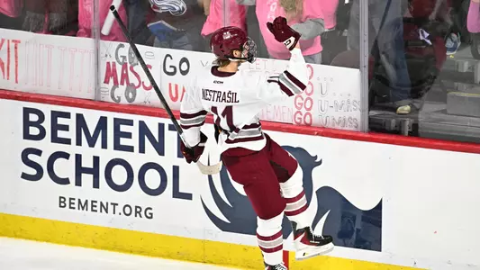 Vaclav Nestrasil celebrates against the boards after scoring on NU