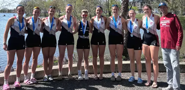 The UMass Varsity 8 poses with silver medals at the 2026 Knecht Cup