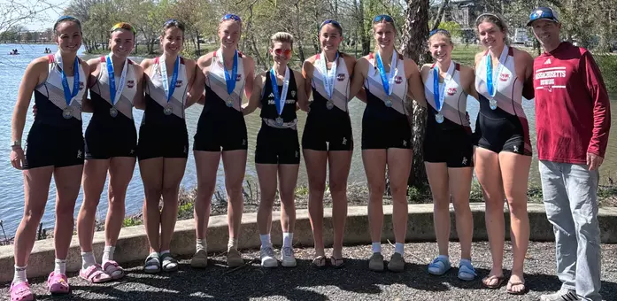 The UMass Varsity 8 poses with silver medals at the 2026 Knecht Cup