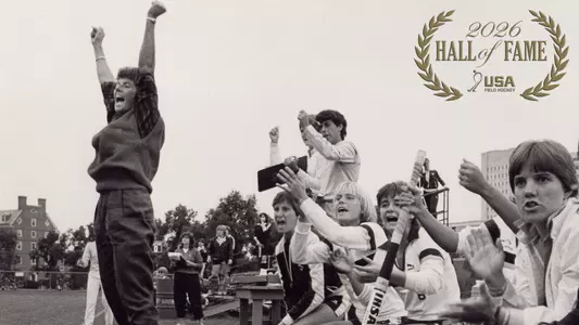 Pam Hixon USA Field Hockey Hall of Fame Logo in top right corner of action shot