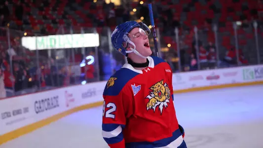 Gavin Cornforth celebrates on the ice for Moncton Wildcats
