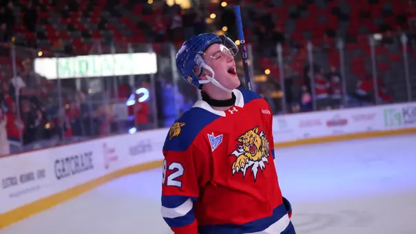 Gavin Cornforth celebrates on the ice for Moncton Wildcats
