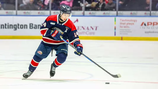 Egor Barabanov skates with the puck for Saginaw