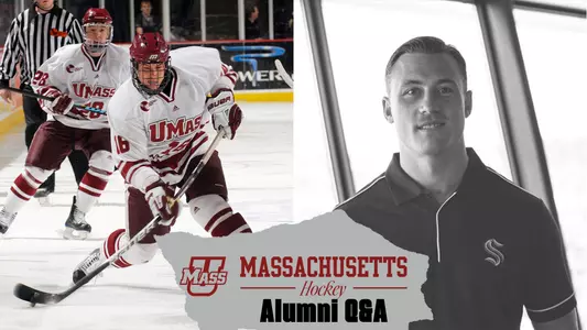 Eddie Olczyk headshot and shot of him as a UMass player shooting the puck