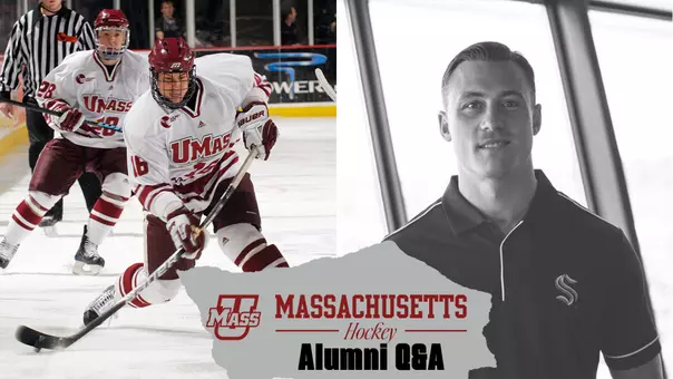 Eddie Olczyk headshot and shot of him as a UMass player shooting the puck