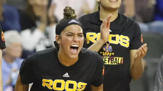 SIOUX FALLS, SD - MARCH 6: KC Roo players reacts during their matchup with the North Dakota State Bison during the Summit League Basketball Tournament at the Denny Sanford Premier Center on March 5, 2022 in Sioux Falls, South Dakota. (Photo by Richard Carlson/Inertia)