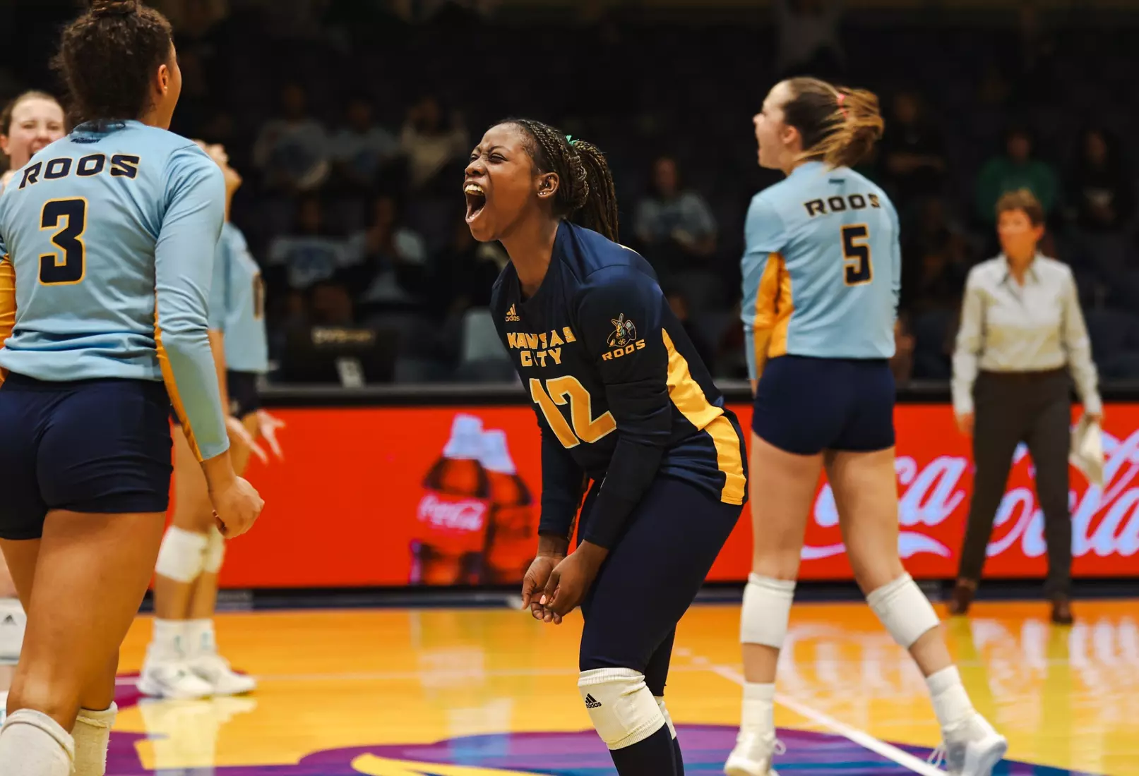 Kansas City Volleyball celebrated Head Coach Christi Posey's 200th career coaching victory with a decisive sweep of North Dakota on Oct. 12, 2023.