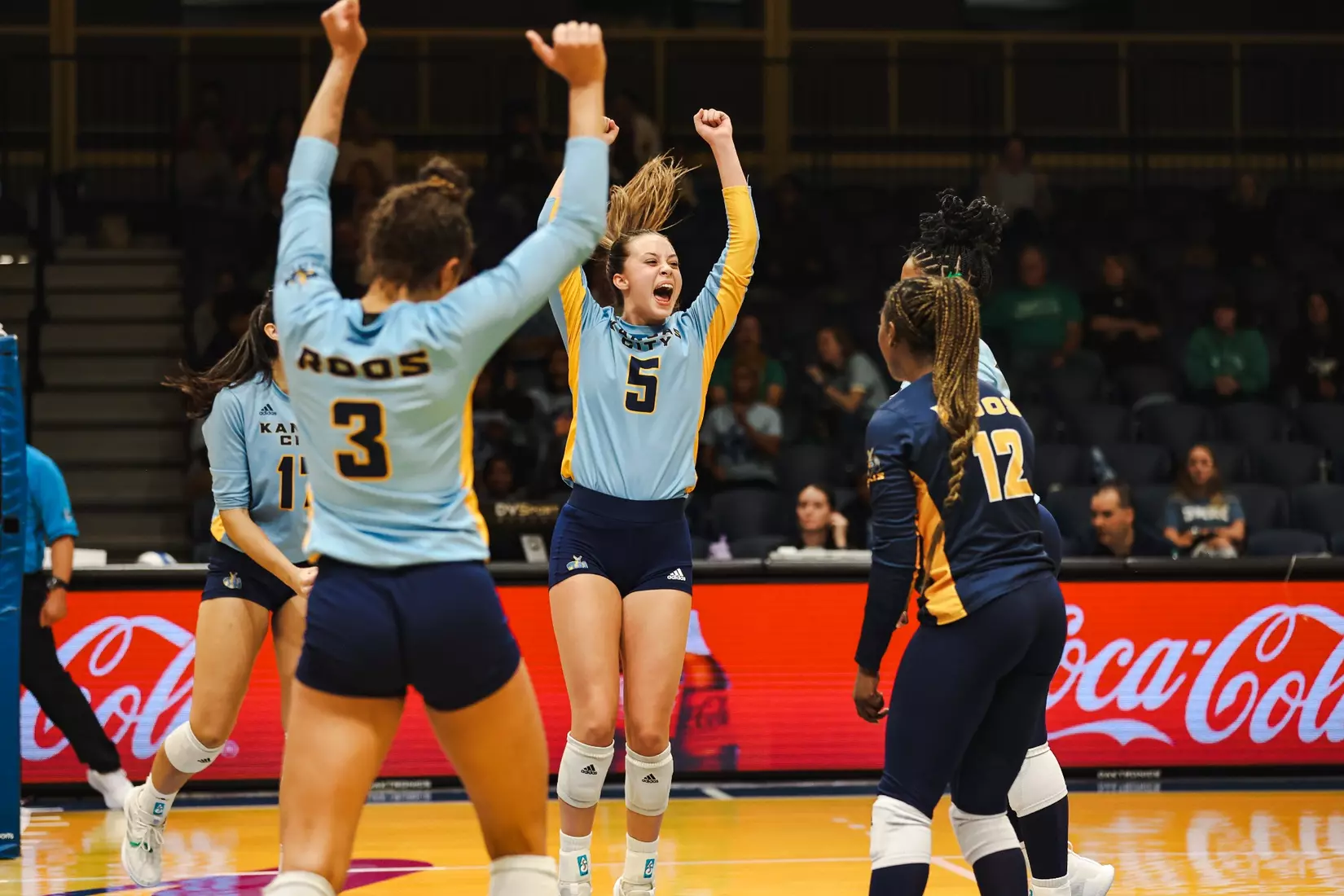 Kansas City Volleyball celebrated Head Coach Christi Posey's 200th career coaching victory with a decisive sweep of North Dakota on Oct. 12, 2023.