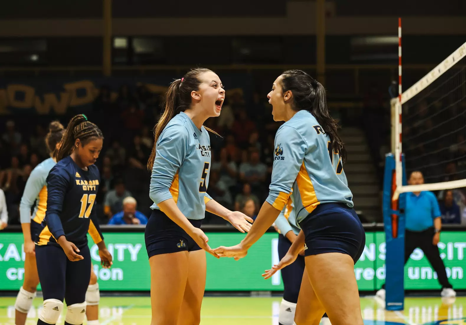 Kansas City Volleyball celebrated Head Coach Christi Posey's 200th career coaching victory with a decisive sweep of North Dakota on Oct. 12, 2023.