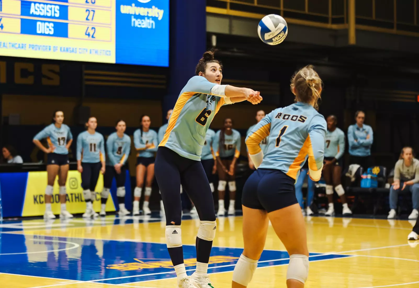 Kansas City Volleyball celebrated Head Coach Christi Posey's 200th career coaching victory with a decisive sweep of North Dakota on Oct. 12, 2023.