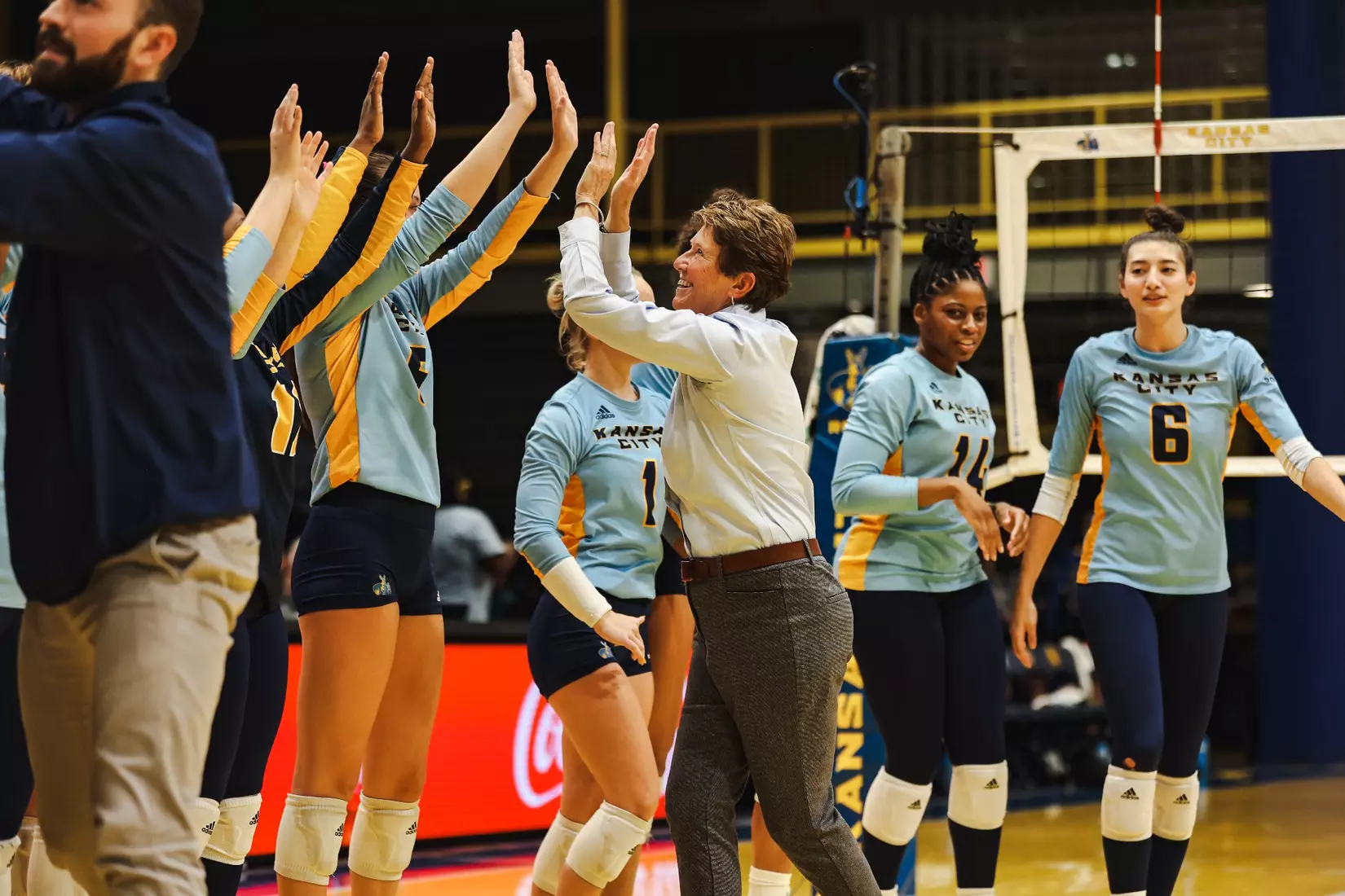 Kansas City Volleyball celebrated Head Coach Christi Posey's 200th career coaching victory with a decisive sweep of North Dakota on Oct. 12, 2023.