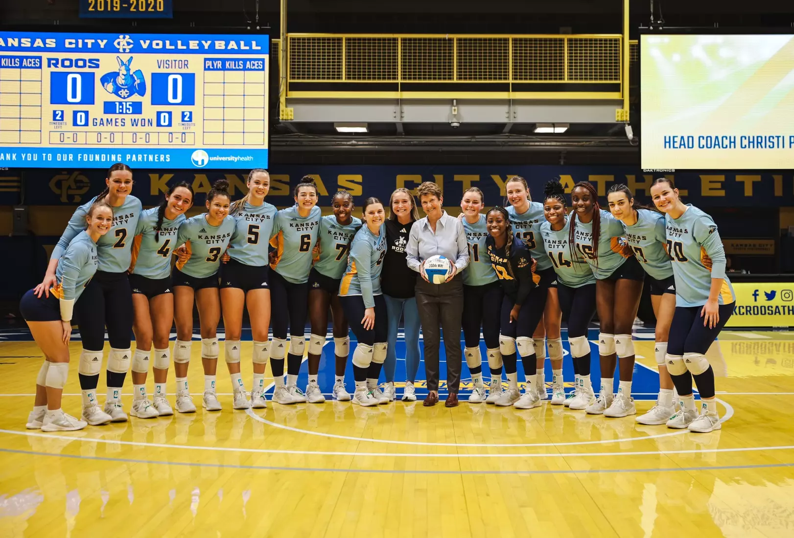Kansas City Volleyball celebrated Head Coach Christi Posey's 200th career coaching victory with a decisive sweep of North Dakota on Oct. 12, 2023.