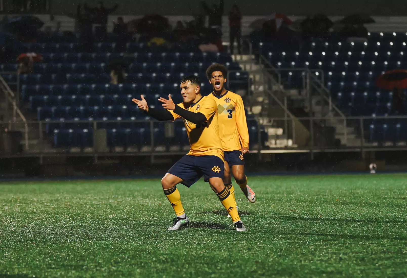 Kansas City Men's Soccer battled the elements and got an 89th minute goal from Edson Murguia to get a Senior Night win over St. Thomas on Oct. 28, 2023.