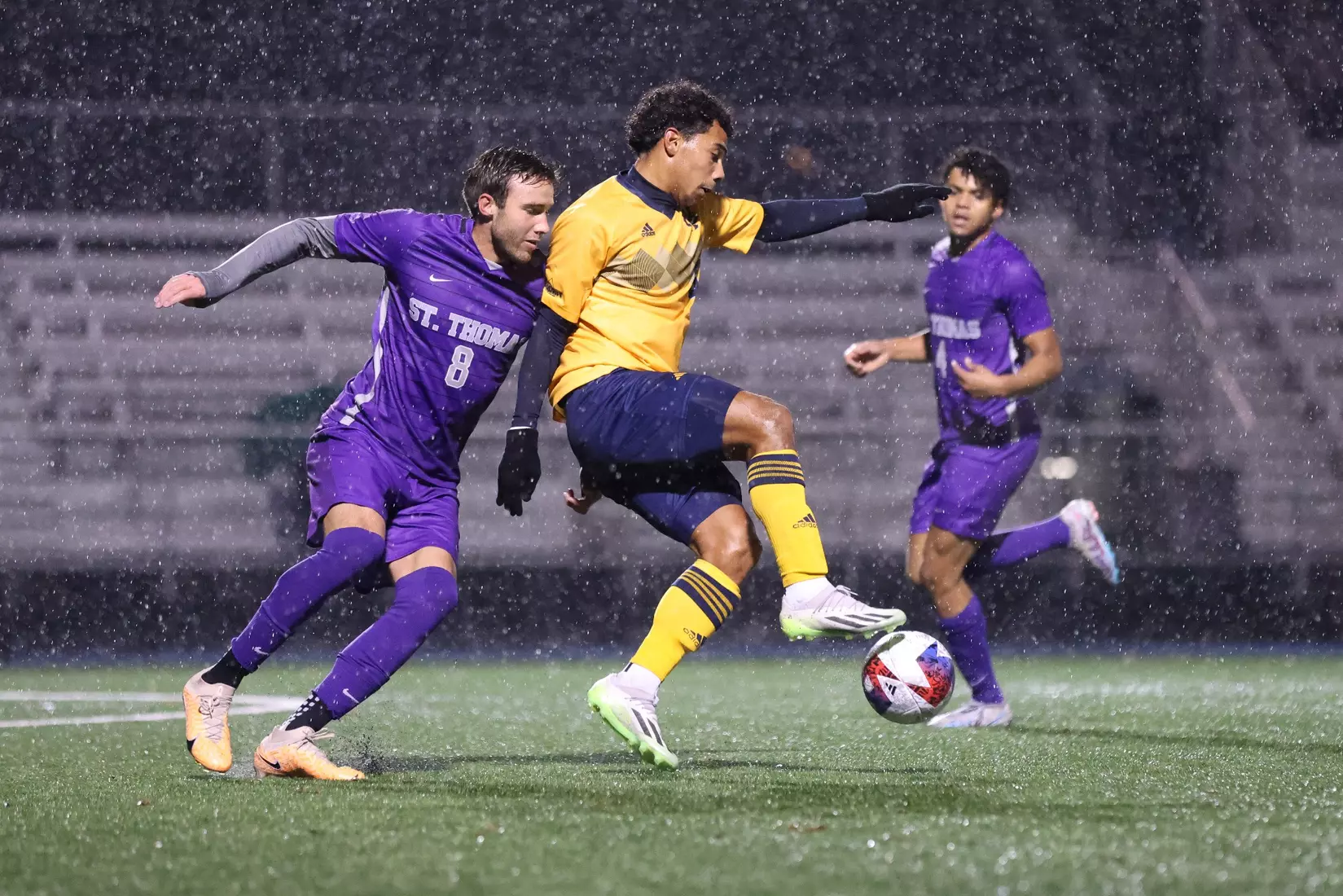 Kansas City Men's Soccer battled the elements and got an 89th minute goal from Edson Murguia to get a Senior Night win over St. Thomas on Oct. 28, 2023.