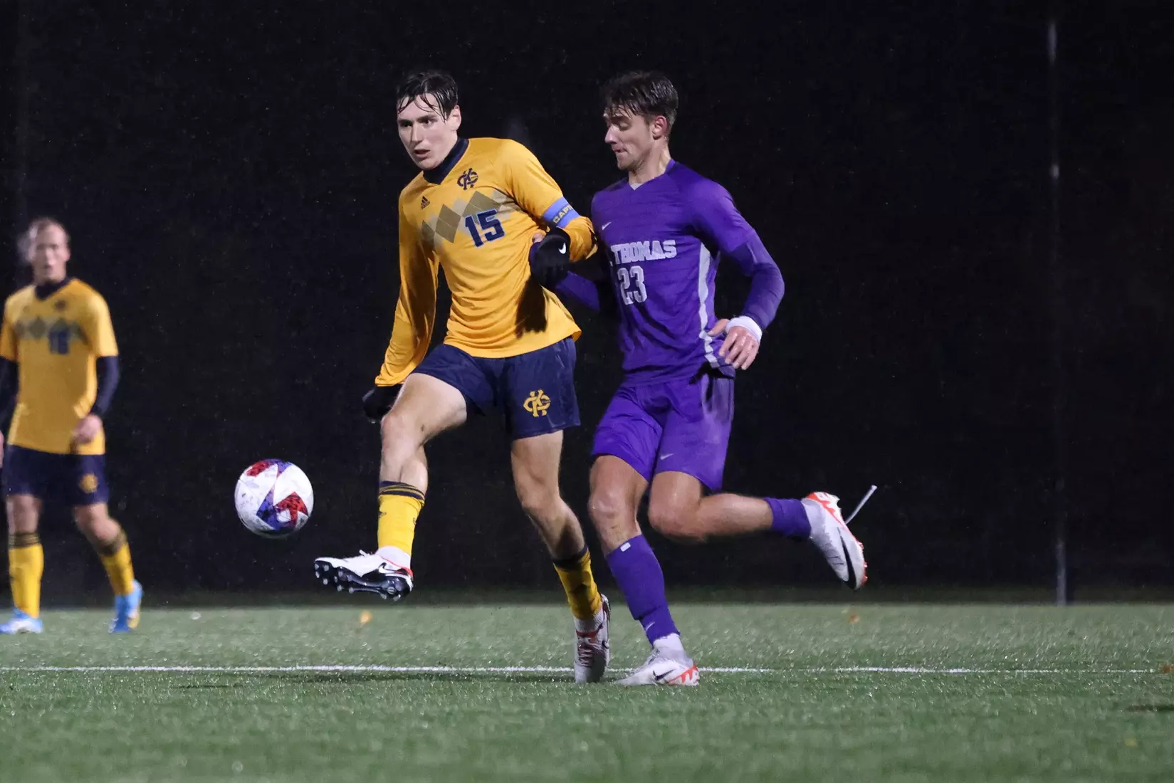 Kansas City Men's Soccer battled the elements and got an 89th minute goal from Edson Murguia to get a Senior Night win over St. Thomas on Oct. 28, 2023.